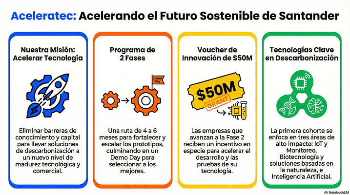 Resumen visual del programa Aceleratec: misión, estructura en dos fases, voucher de innovación y tecnologías clave en descarbonización